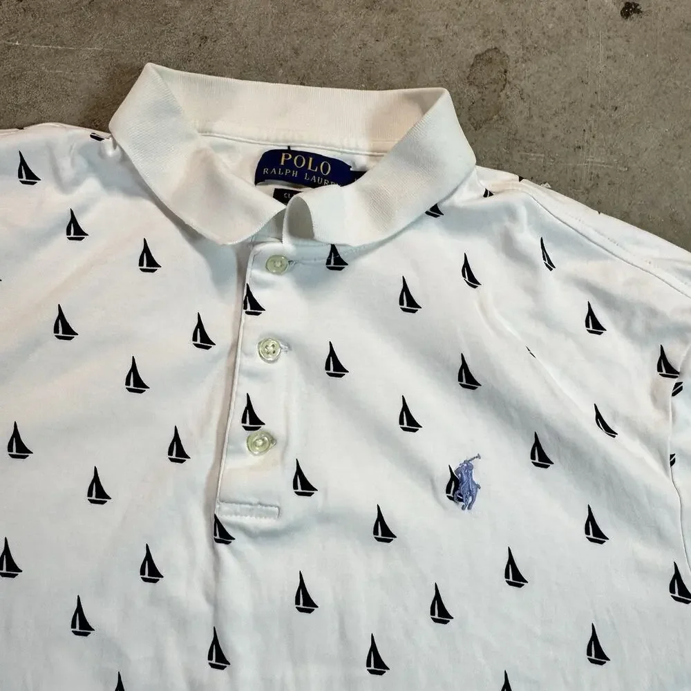 Polo Ralph Lauren Polo Shirt Mens L White Custom Slim Fit Sailboat Print